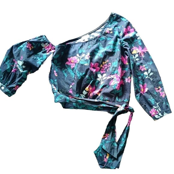 Signed Blake x The Drop One Shoulder Shirt Size Large Bottom Tie Bold Floral - Picture 2 of 8